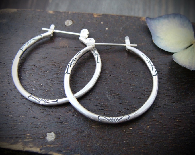 small textured sterling silver hoops, imprinted one inch hoops, everyday earrings, hand stamped silver hoops, gifts for her, siren jewels