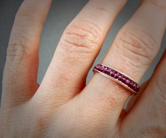 Rhodolite Garnet Stacking Ring – Sterling Silver Birthstone Band for Women, Channel Set Gemstone Ring, Handmade Jewelry, Siren Jewels