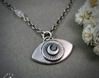 Sterling Silver Evil Eye Pendant – Moonstone Charm, Witchy Necklace