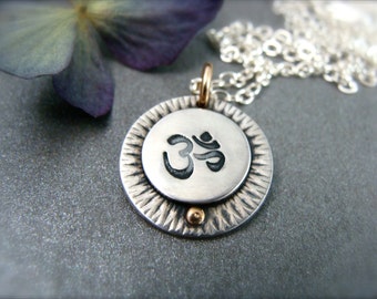 Om mixed metal pendant, sterling silver yoga jewelry, gold and silver layering pendant, siren jewels, gifts for her ~"one with the universe"