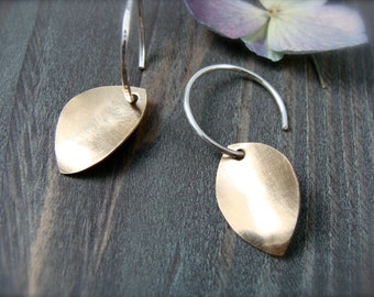 petite gold and silver petal earrings, mixed metal botanical jewelry, cottagecore petal hoops, simple gold and silver dangles, gifts for her