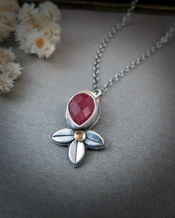 Ruby and sterling silver mixed metal artisan flower pendant, 925 gemstone necklace, gifts for her