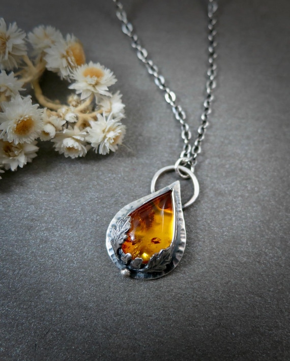 Amber Sterling Silver Fall Pendant - Boho Necklace, Unique Gifts For Her
