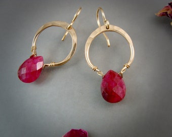 genuine ruby and 14k gold filled earrings, wire wrapped gemstone dangles, hammered gold earrings, siren jewels, gifts for her,