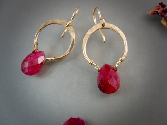 Genuine ruby and 14k gold filled earrings, Wire wrapped gemstone dangles, Hammered gold hoop earrings, Siren jewels, Gifts for her