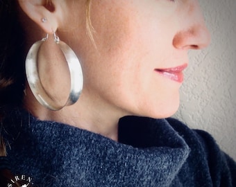 XXL Sterling Silver Hoops, 2.5" Concave Saddle Statement Earrings, Chunky Wide Anticlastic Silversmith Jewelry