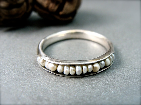 Salish sea sterling delicate silver and pearl stacking ring, Boho pearl ring, Handmade sterling silver ring 925, Siren jewels