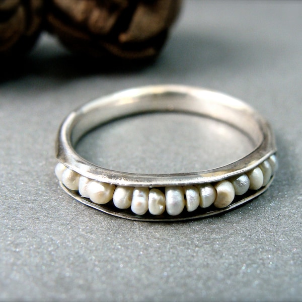 Salish sea sterling delicate silver and pearl stacking ring, boho pearl ring, handmade sterling ring, sterling silver ring, siren jewels