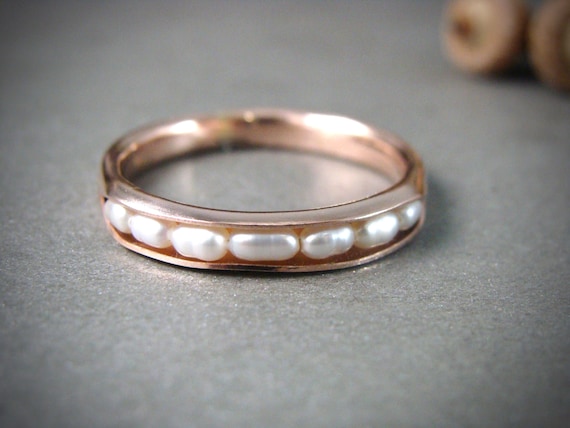 Solid 14k rose gold petite pearl stack ring, Natural pearl band ring, Classic pearl ring, Siren jewels, Stack ring, Gifts for her