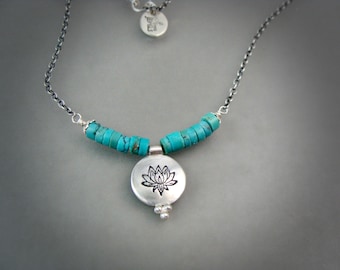 Turquoise Lotus Necklace - Unique Sterling Silver Boho Turquoise Jewelry