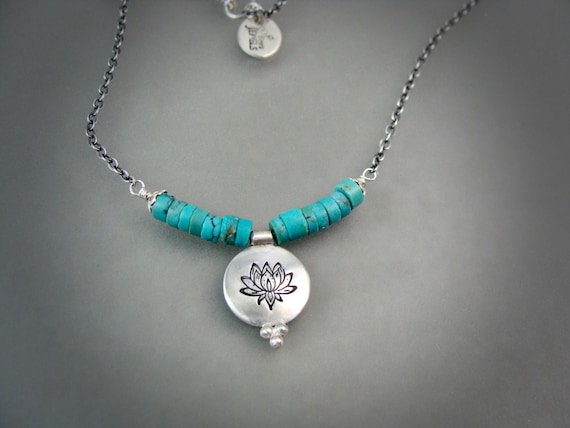 Turquoise Lotus Necklace – Small Artisan Made Pendant, Boho Zen Disc Necklace, Layering Jewelry, Gifts for Her, Siren Jewels