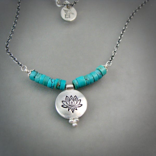 Turquoise Lotus Necklace - Unique Sterling Silver Boho Turquoise Jewelry