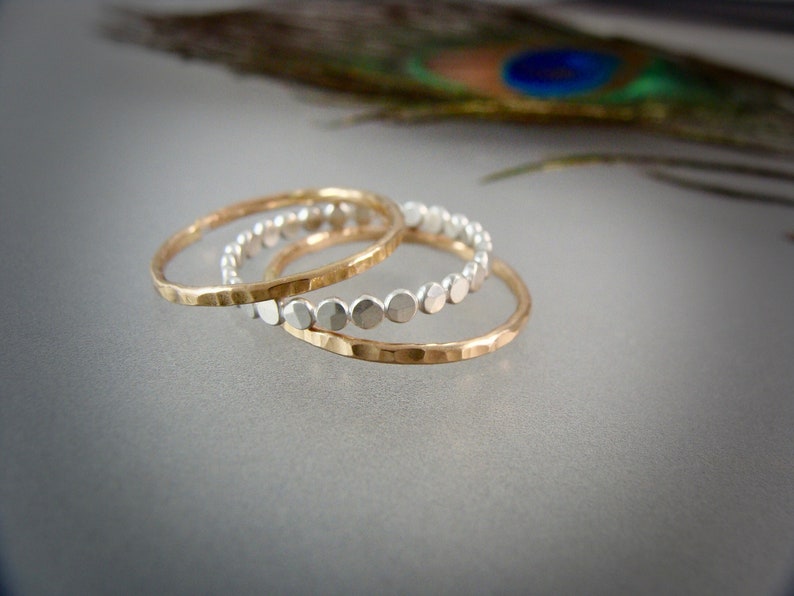 power of three mixed metal stacking rings set, stackable rings, hammered rings, minimalist rings, gold and silver rings, thin rings image 5