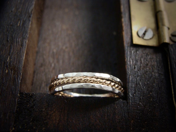 Mixed Metal Stacking Rings – Power of Three Stack, Sterling Silver & 14k Gold Fill Hammered Rings, Handmade Stackable Rings, Siren Jewels