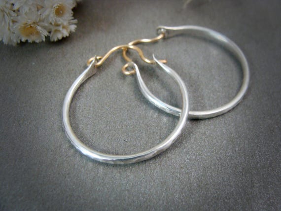 Small textured sterling silver and 14k gold filled hoop earrings, Textured 1 inch hoop, Hammered silver and gold earrings, "Chisel hoop"