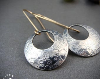 Sterling Silver Vine Pattern Disc Earrings – Mixed Metal 14k Gold Filled, Handmade Artisan Jewelry