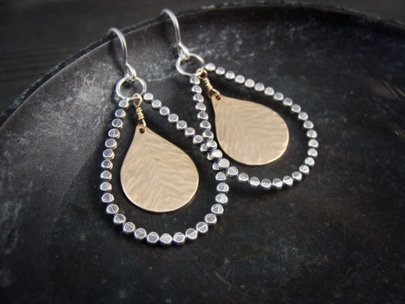 Mixed Metal Teardrop Dangle Earrings – Handmade Gold and Silver Beaded Drops, Two Tone Earrings, Siren Jewels, Gifts for Her “Sun & Earth”
