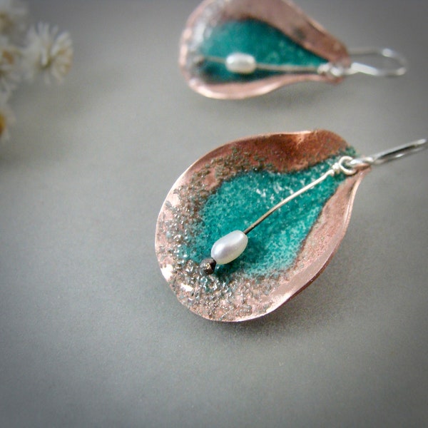 copper cala lily .. enameled earrings, botanical jewelry, copper earrings, handmade jewelry, cottage core, gifts for her