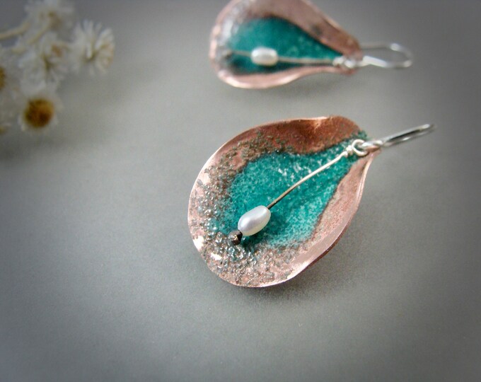 copper cala lily .. enameled earrings, botanical jewelry, copper earrings, handmade jewelry, siren jewels, gifts for her