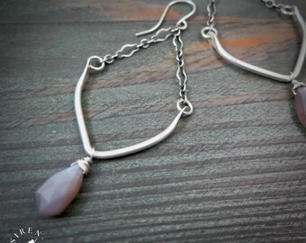 Chocolate Moonstone Sterling Silver Dangle Earrings – Hammered Chevron, Artisan Gemstone Jewelry For Her