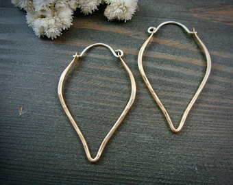 Minimalist Hammered 14k Gold Filled Teardrop Hoops, Mixed Metal Leaf Shape Dangle Earrings