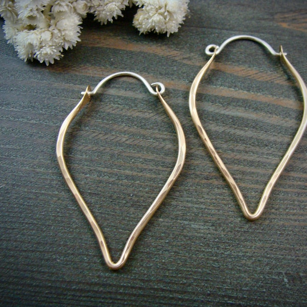 Minimalist Hammered 14k Gold Filled Teardrop Hoops, Mixed Metal Leaf Shape Dangle Earrings