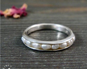 Handmade Sterling Silver & Rice Pearl Ring – Petite Stacking Band, Minimalist Ring