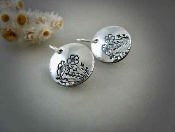 Wildflower Sterling Silver Disc Earrings – Imprinted Floral Cottage core Jewelry, Handmade Artisan Silver Dangles