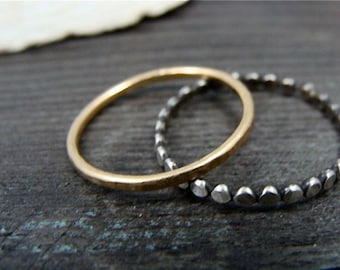 Mixed Metal Stacking Rings – Hammered 14k Gold Fill and Sterling Silver, Set of Two