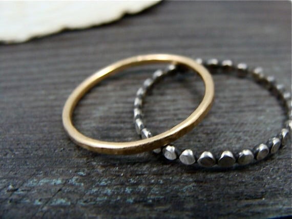 Hammered 14k Gold Fill & Sterling 925 Mixed Metal Stacking Rings - Set Of Two, Petite Sterling Dot Bead and Gold Rings