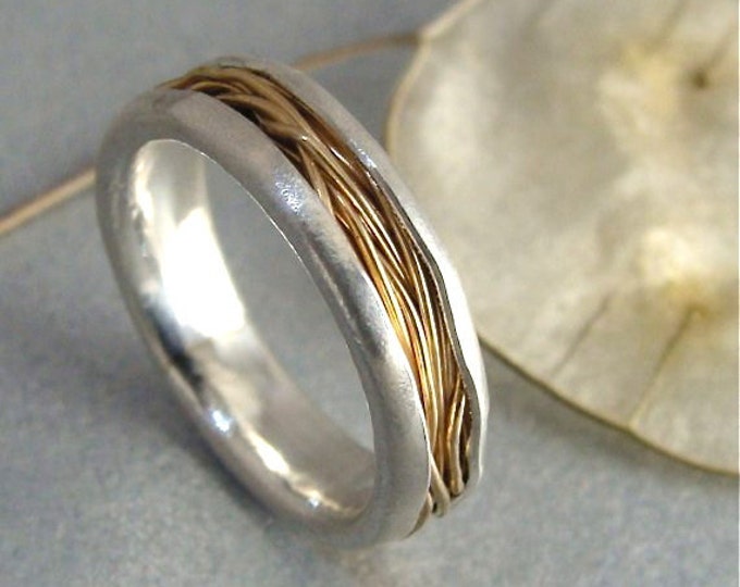 solid 14k gold and sterling silver wedding band, mixed metal stacking ring, mixed metal silversmith ring, siren jewels "intertwined ring"