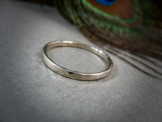 Solid 14k white gold hammered wedding ring, 14k white gold stack ring, 2 mm wide gold band, Simple gold ring, Gifts for her "Glimmer ring"
