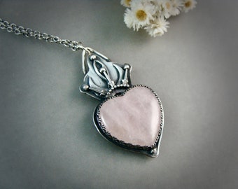 queen of hearts … rose quartz and sterling silver pendant, heart pendant, pink heart pendant, silversmith jewelry, OOAK, gifts for her