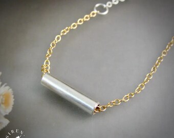 Sterling Silver Tube Pendant Necklace – Mixed Metal Two Tone Modern Jewelry