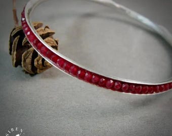 Silver Bangle- Red Jade Gemstone Sterling Bracelet -  Stackable Handcrafted Artisan Jewelry For Her
