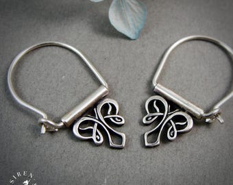 Art Nouveau Silver Hoop Earrings, Sterling Silver Bow Dangle, Unique Artisan Jewelry