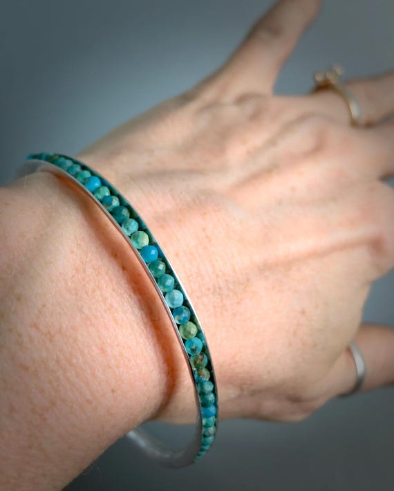 Silver Bangle - Turquoise Sterling - Boho Stacking Bracelet For Her, Artisan Crafted Jewelry, December Birthstone