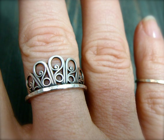 Sterling half round filigree stack ring, Silver crown ring, Handmade boho stacking ring, Siren jewels, Gifts for her, " Floret ring"