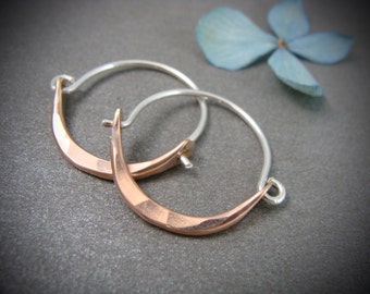 Handmade Rose Gold and Sterling Silver Hoop Earrings - Artisan Jewelry