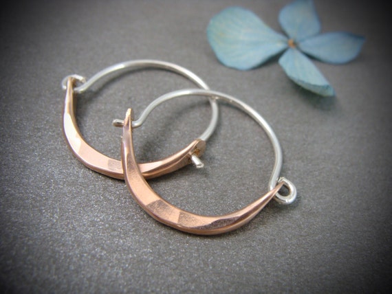 Mini minimalist 14k rose gold and sterling mixed metal hoops, Small hoops, Earrings for everyday, Small hammered gold hoops, Gifts for her
