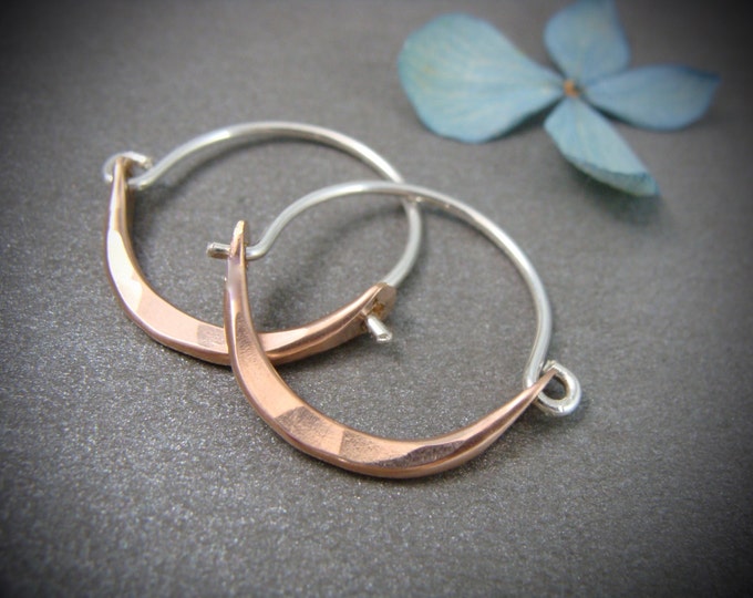 mini minimalist rose gold and sterling mixed metal hoops, small hoops, earrings for everyday, small hammered rose gold hoops, gifts for her
