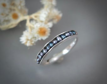 Sterling Silver & Black Peacock Pearl Organic Band Ring, Nature Inspired "Vashon Ring"