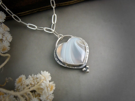 Botswana Agate Heart Pendant – Sterling Silver Artisan Necklace, Silversmith Handmade Jewelry, Coquette Heart Necklace, "Tranquil Heart"