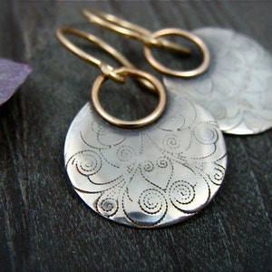 mixed metal sterling silver and gold disc earrings, patterned silver dangle, 925 sterling silver earrings, unique jewelry, gifts for her