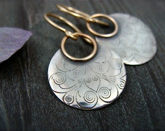 mixed metal sterling silver and gold disc earrings, patterned silver dangle, 925 sterling silver earrings, unique jewelry, gifts for her