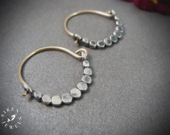 Small Mixed Metal Hoop Earrings, Oxidized Sterling Silver & 14k Gold Filled Beaded Crescent Hoops