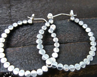 Sterling Silver 1" Beaded Hoop Earrings, Minimalist 925, Modern Jewelry Gift