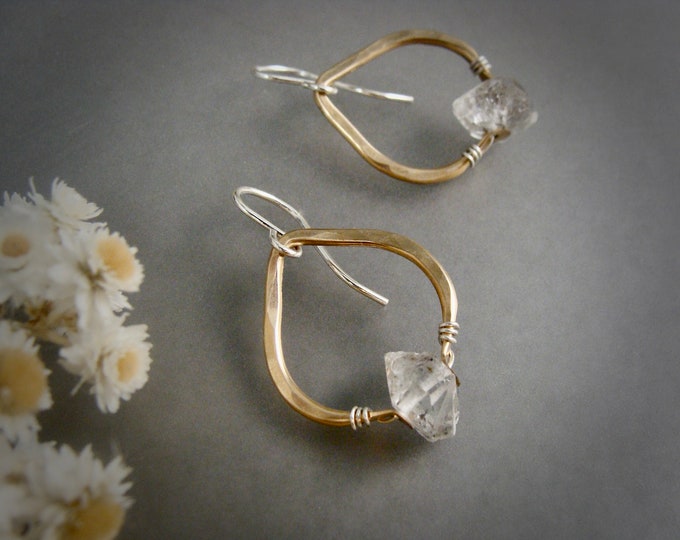 petite higher realms... gold and Herkimer diamond earrings, gemstone earrings, gold filled hoops, mixed metal earrings, gifts for her