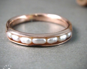 Solid 14k Rose Gold Multi Pearl Band Ring – Delicate Stackable Ring, Handmade Artisan Jewelry