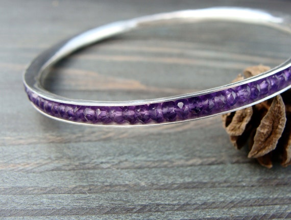 Amethyst and sterling silver stack bangle, February gemstone bracelet, Purple gemstone stackable jewelry, Gifts for her, Siren jewels